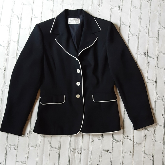 VINTAGE INGENUITY BLACK BLAZER WITH WHITE PIPING SZ 10 - Picture 6 of 9